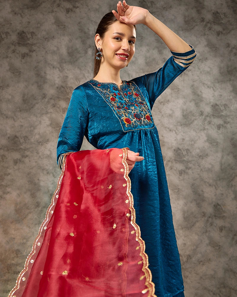 Embroidered Kurta Set with Pant and Dupatta - Mid Blue