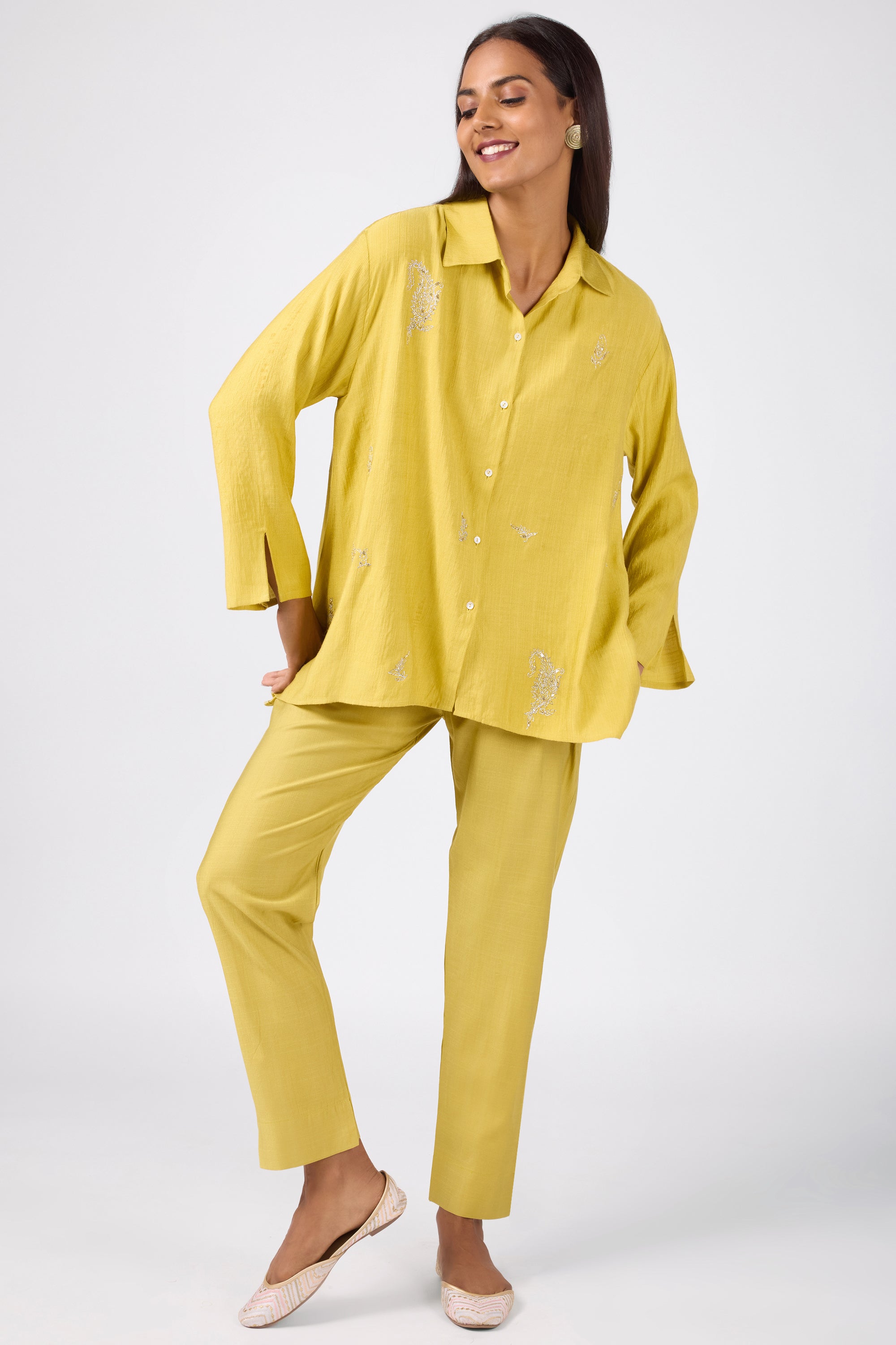 All-over embroidered co-ord set with 3/4 sleeves with slits.