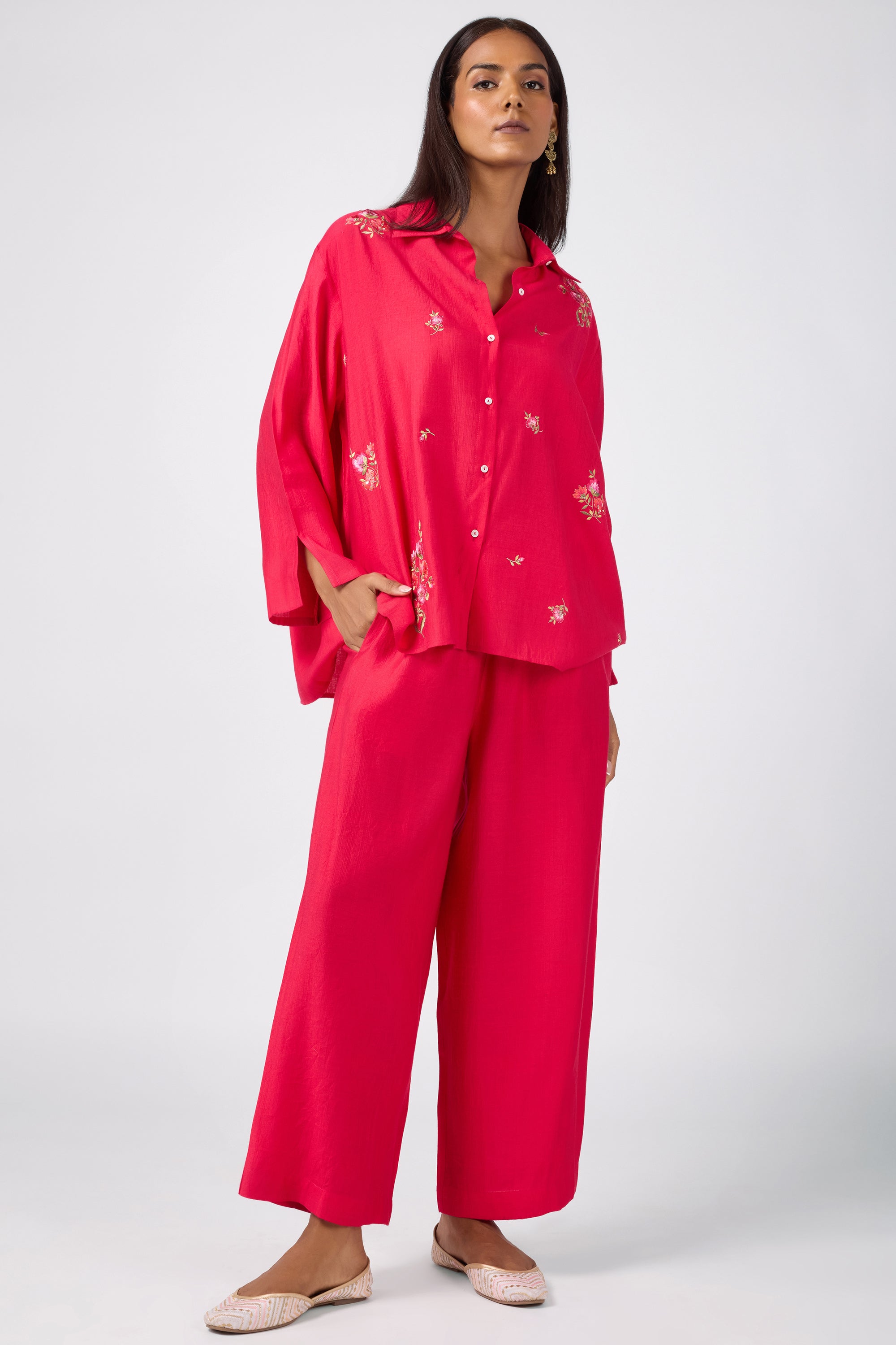 All-over embroidered co-ord set with 3/4 sleeves with slits.