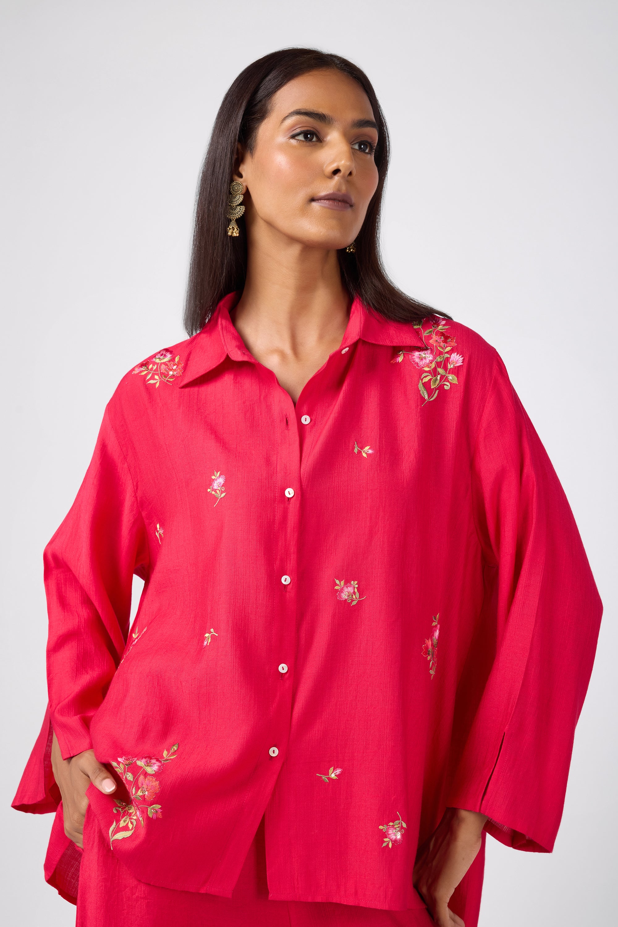 All-over embroidered co-ord set with 3/4 sleeves with slits.