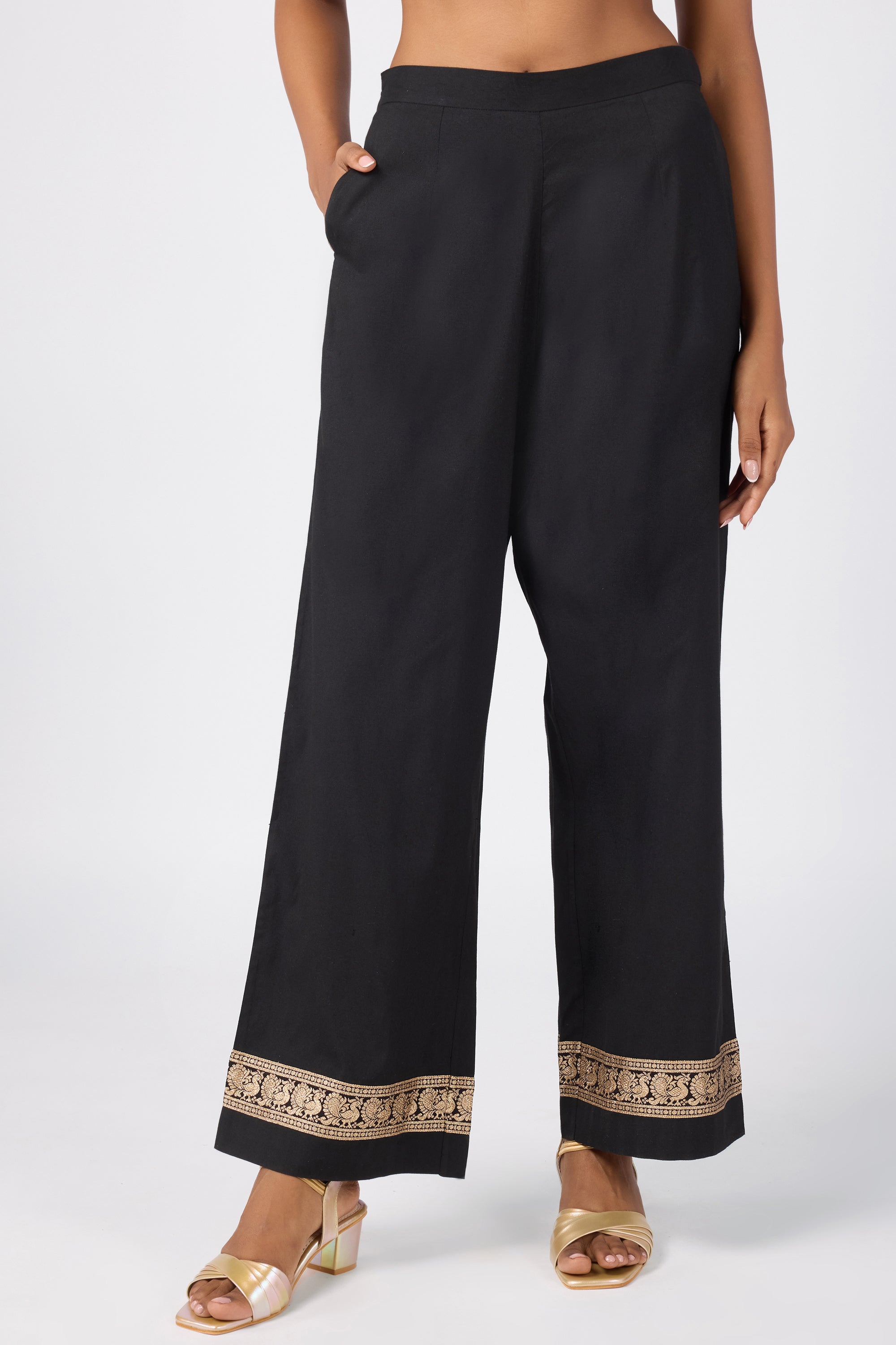 One-Shoulder Brocade Kaftan Set with Zari & Sequin Work - Black