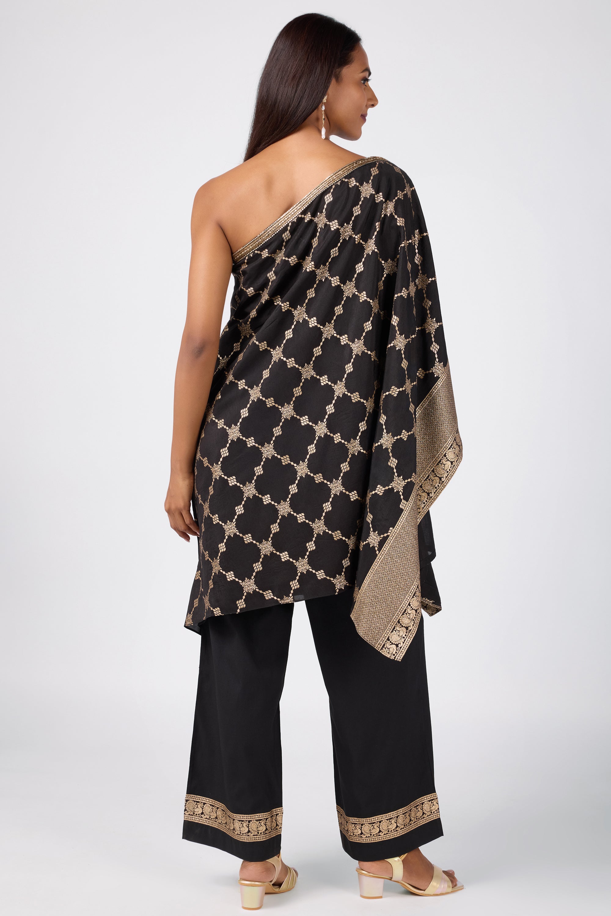 One-Shoulder Brocade Kaftan Set with Zari & Sequin Work - Black