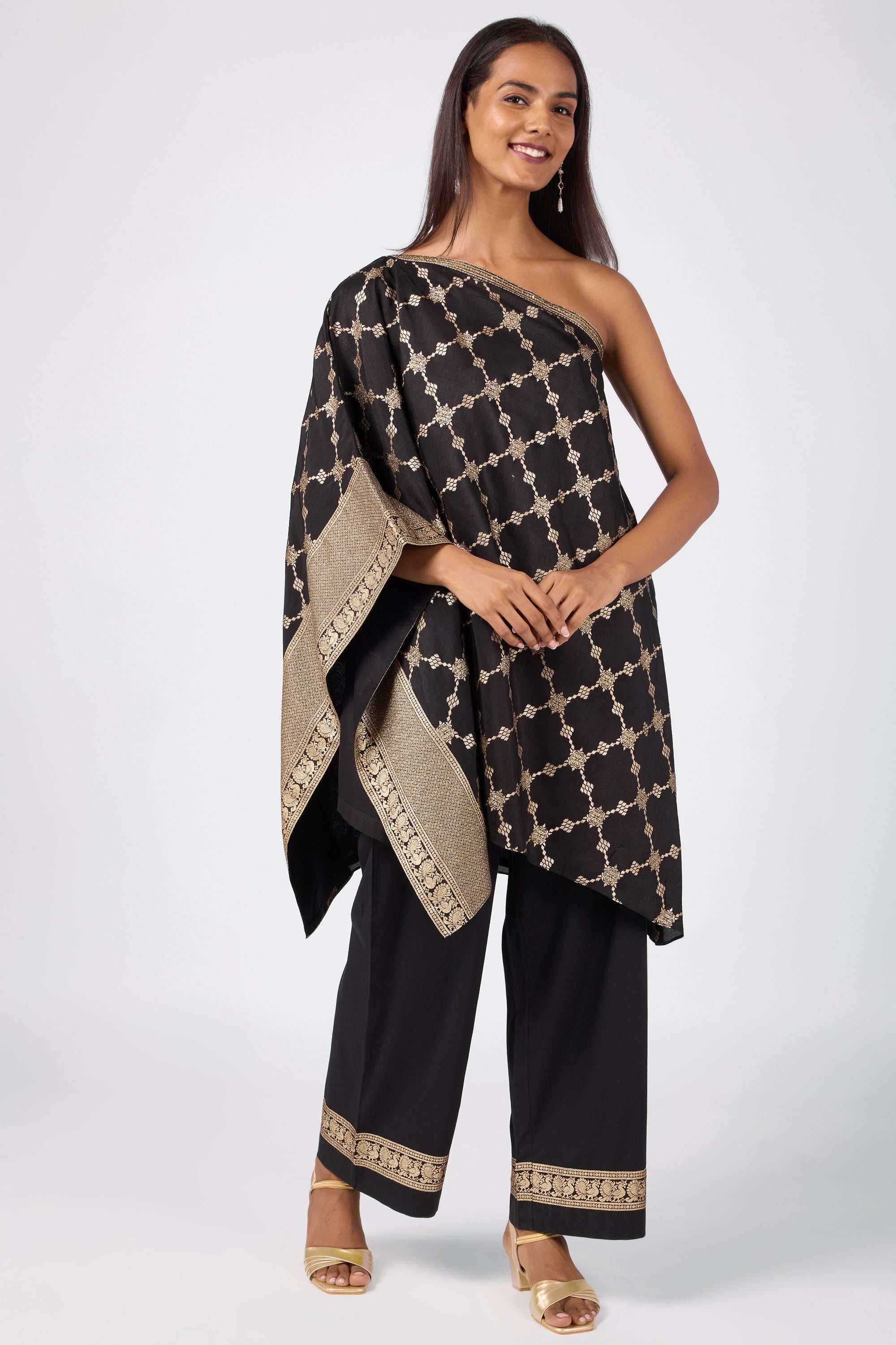 One-Shoulder Brocade Kaftan Set with Zari & Sequin Work - Black
