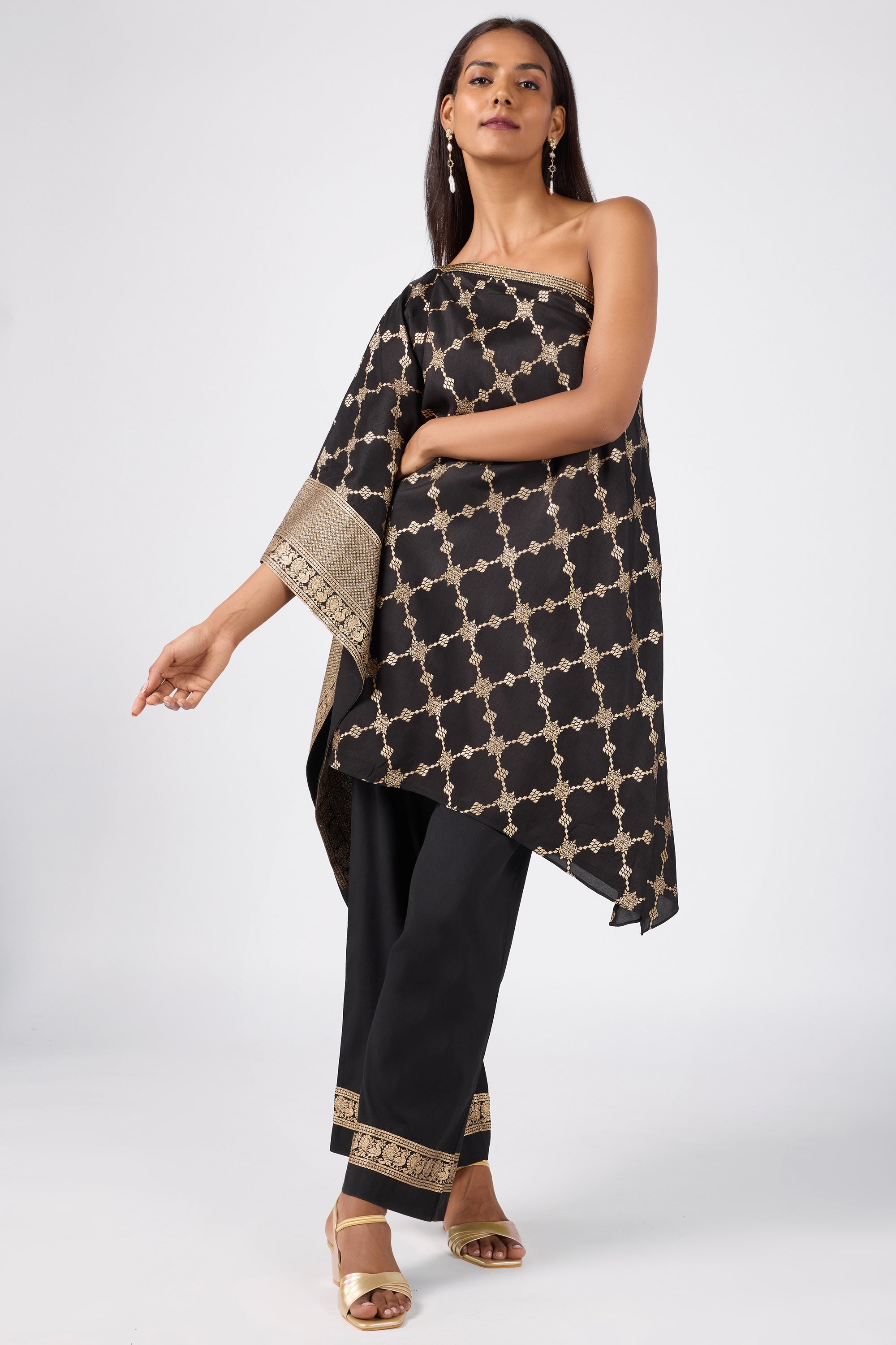 One-Shoulder Brocade Kaftan Set with Zari & Sequin Work - Black